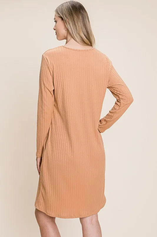 Round Neck Long Sleeve Ribbed Knit Dress