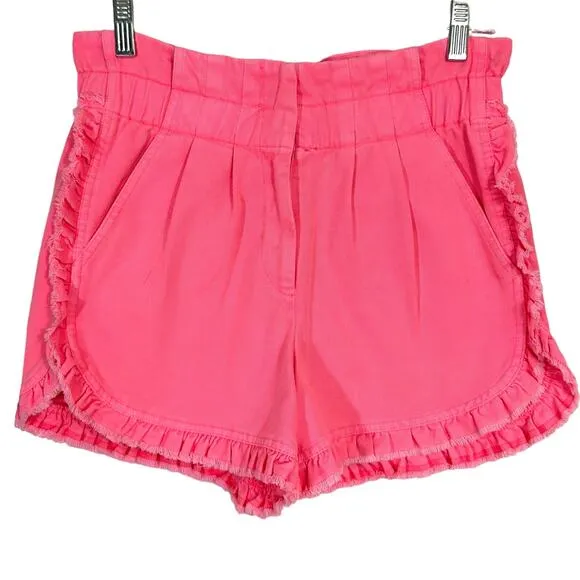 Sea New York Neon Pink Acid Wash Raw Edge Ruffle Denim Shorts