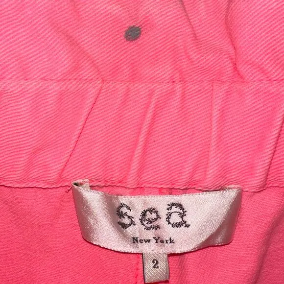 Sea New York Neon Pink Acid Wash Raw Edge Ruffle Denim Shorts
