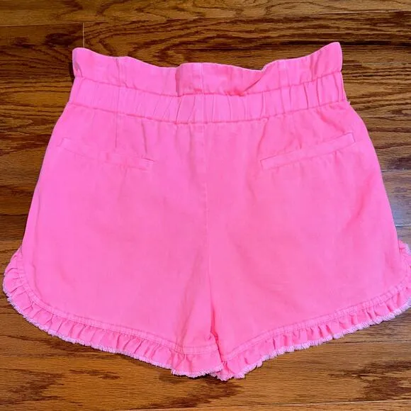 Sea New York Neon Pink Acid Wash Raw Edge Ruffle Denim Shorts