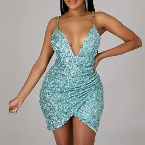 Sequins Deep V-Neck Chains Strap Bodycon Dress