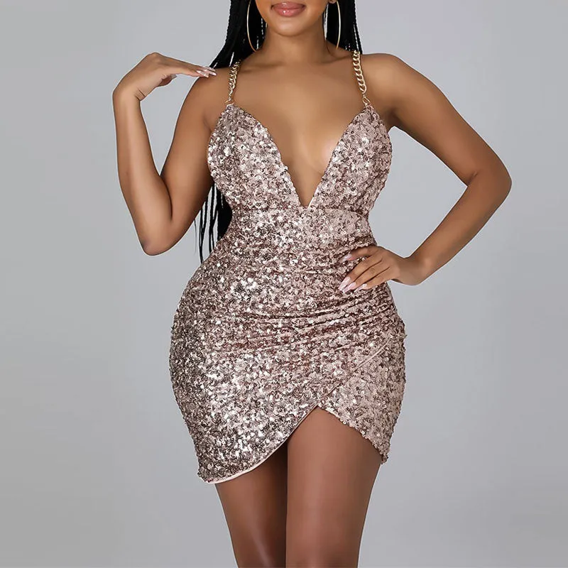 Sequins Deep V-Neck Chains Strap Bodycon Dress