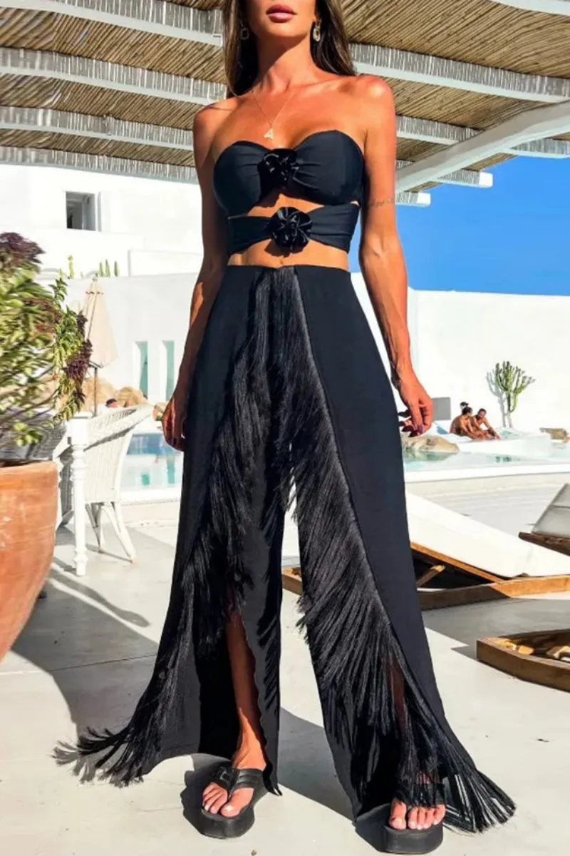 Sexy Casual Solid Tassel Hollowed Out Backless Slit Strapless Sleeveless Two Pieces