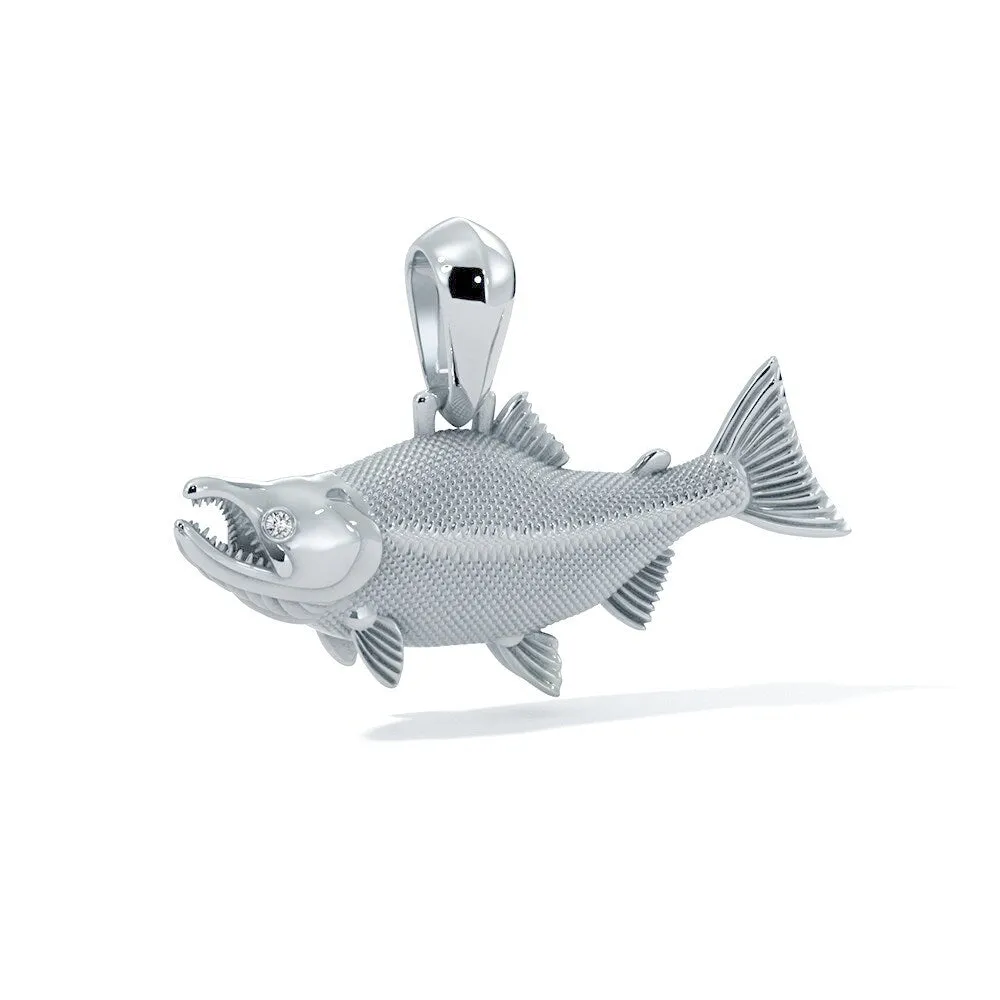 Sockeye Salmon Pendant with Genuine Diamond Eyes designed by TinyBling in Sterling Silver