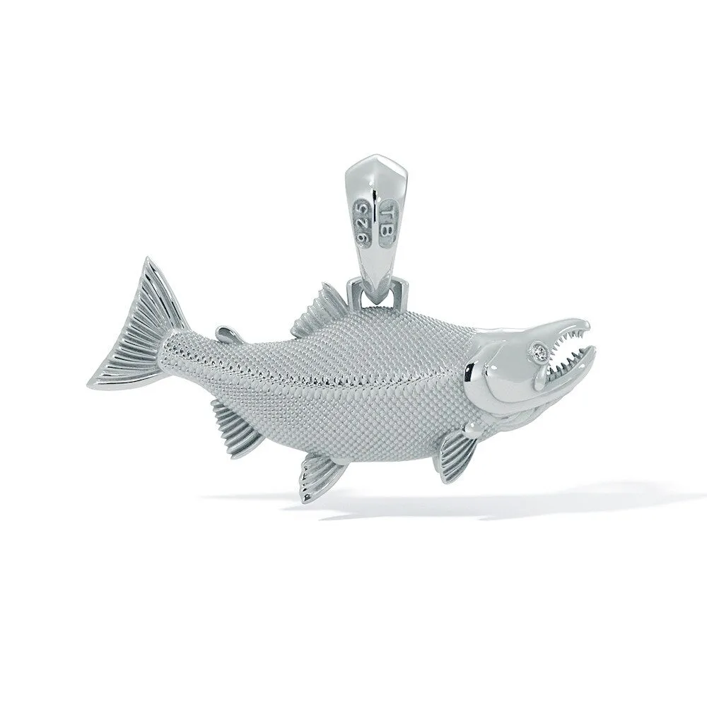 Sockeye Salmon Pendant with Genuine Diamond Eyes designed by TinyBling in Sterling Silver