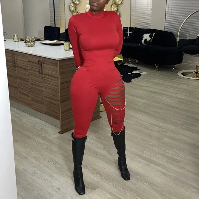 Solid Cut Out Chains Decoration Long Sleeve Jumpsuit