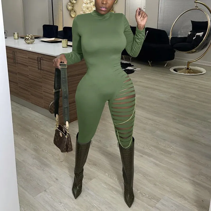 Solid Cut Out Chains Decoration Long Sleeve Jumpsuit