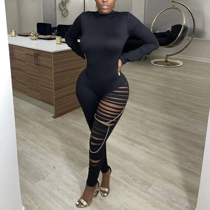 Solid Cut Out Chains Decoration Long Sleeve Jumpsuit