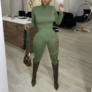 Solid Cut Out Chains Decoration Long Sleeve Jumpsuit