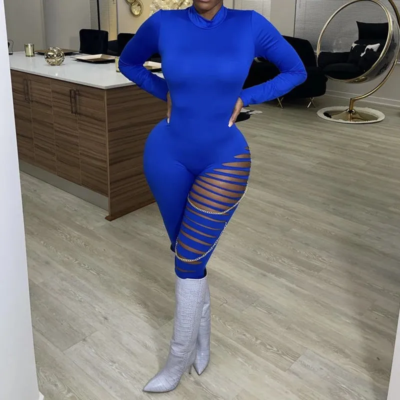 Solid Cut Out Chains Decoration Long Sleeve Jumpsuit