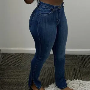 Solid Denim Pocket Design High Waist Bell Bottom Jeans