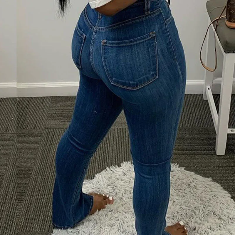 Solid Denim Pocket Design High Waist Bell Bottom Jeans