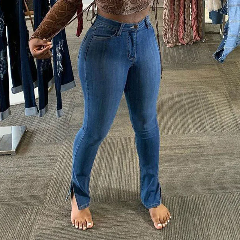 Solid Denim Pocket Design High Waist Bell Bottom Jeans
