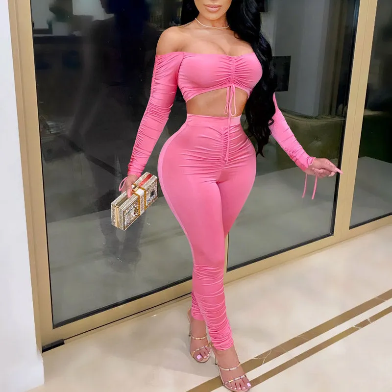 Solid Pleats Off Shoulder Long Sleeve Top & High Waist Pants Set