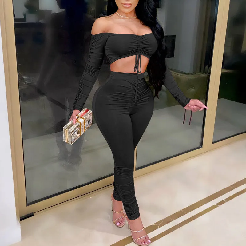 Solid Pleats Off Shoulder Long Sleeve Top & High Waist Pants Set