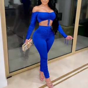 Solid Pleats Off Shoulder Long Sleeve Top & High Waist Pants Set