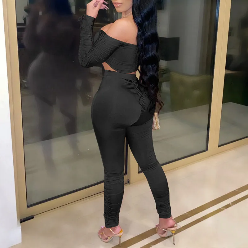 Solid Pleats Off Shoulder Long Sleeve Top & High Waist Pants Set