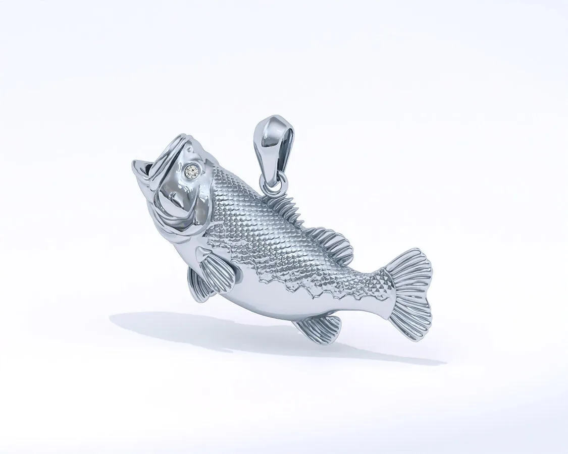 Sterling Silver Largemouth Bass Pendant with Genuine Diamond Eyes designed by TinyBling