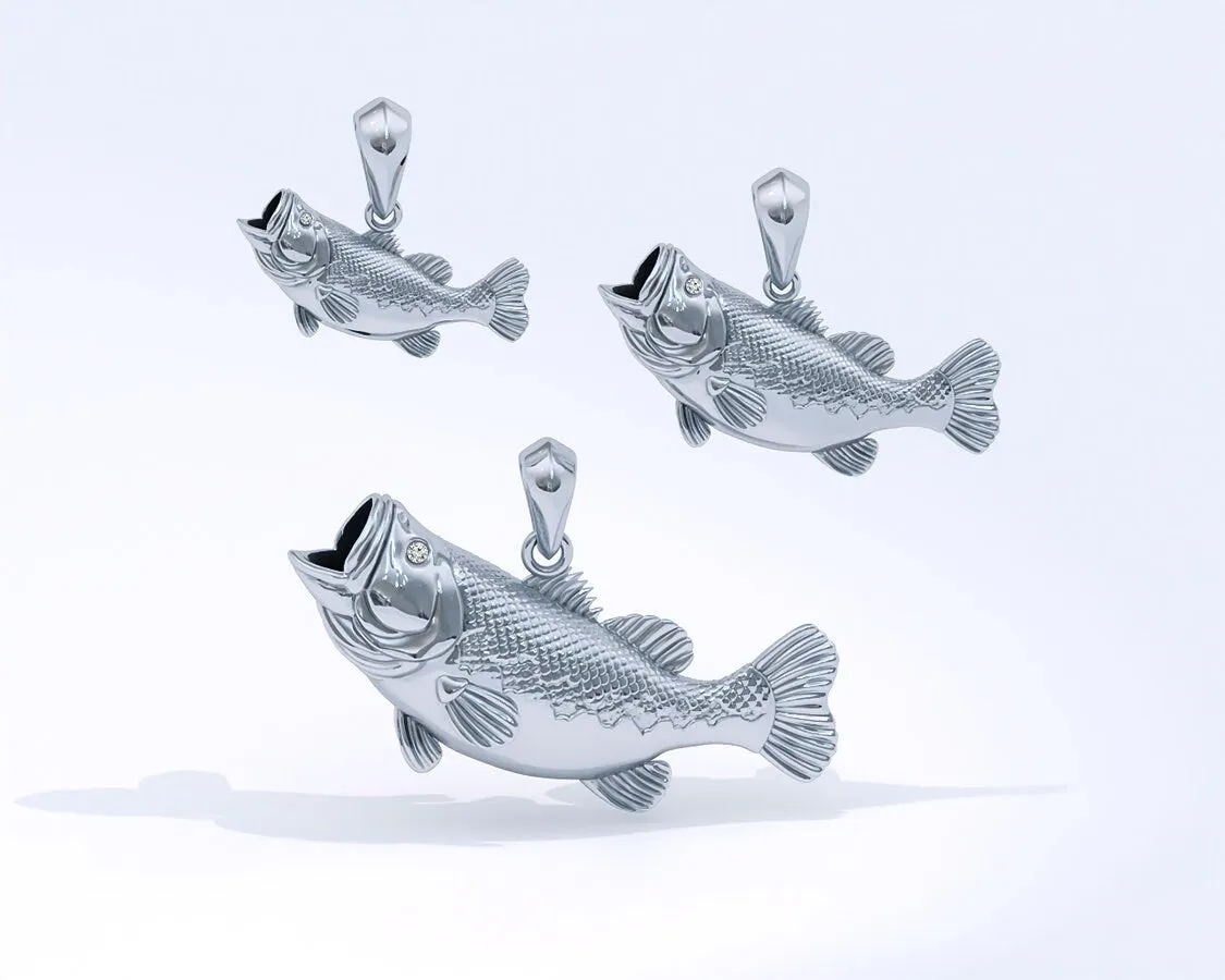 Sterling Silver Largemouth Bass Pendant with Genuine Diamond Eyes designed by TinyBling