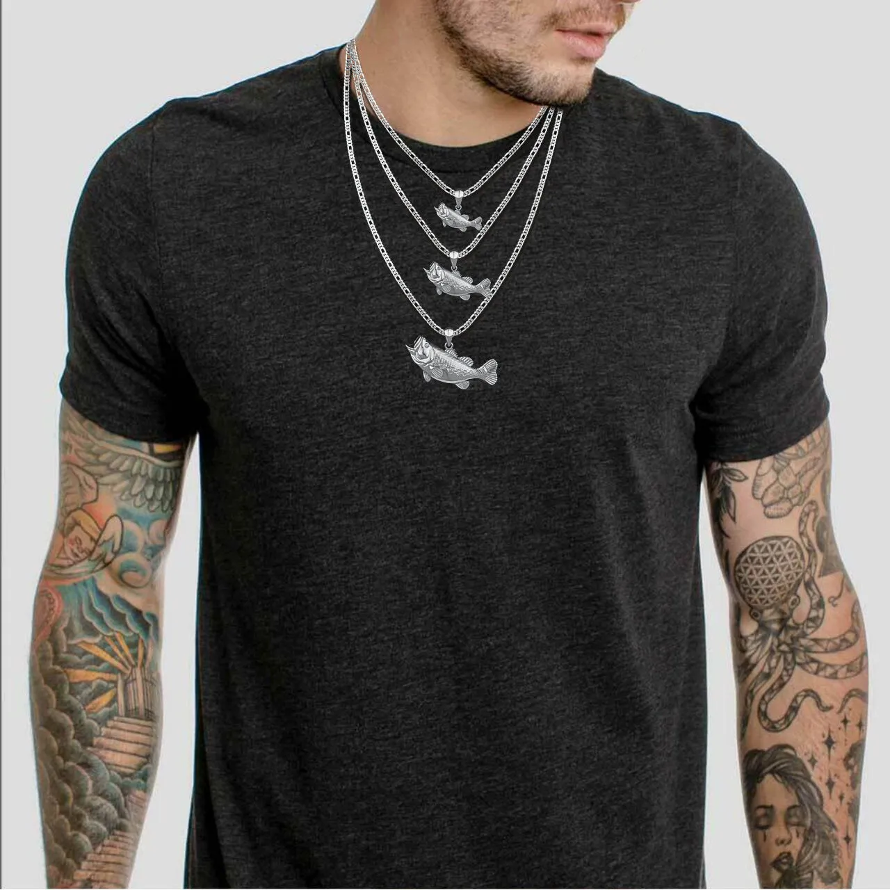 Sterling Silver Largemouth Bass Pendant with Genuine Diamond Eyes designed by TinyBling