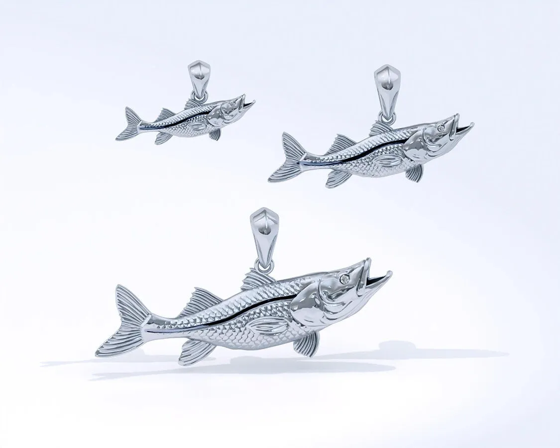 Sterling Silver Snook Pendant with Genuine Diamond Eyes designed by TinyBling