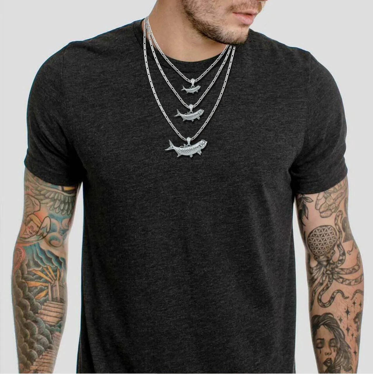 Sterling Silver Tarpon Pendant Necklace with Genuine Diamond Eyes designed by TinyBling