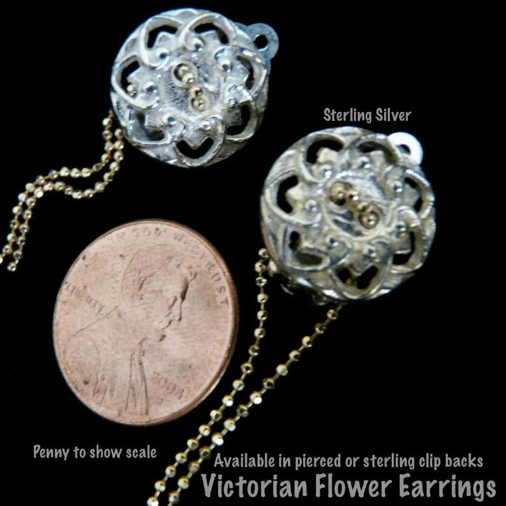 Sterling Silver Victorian Flower Button Earrings