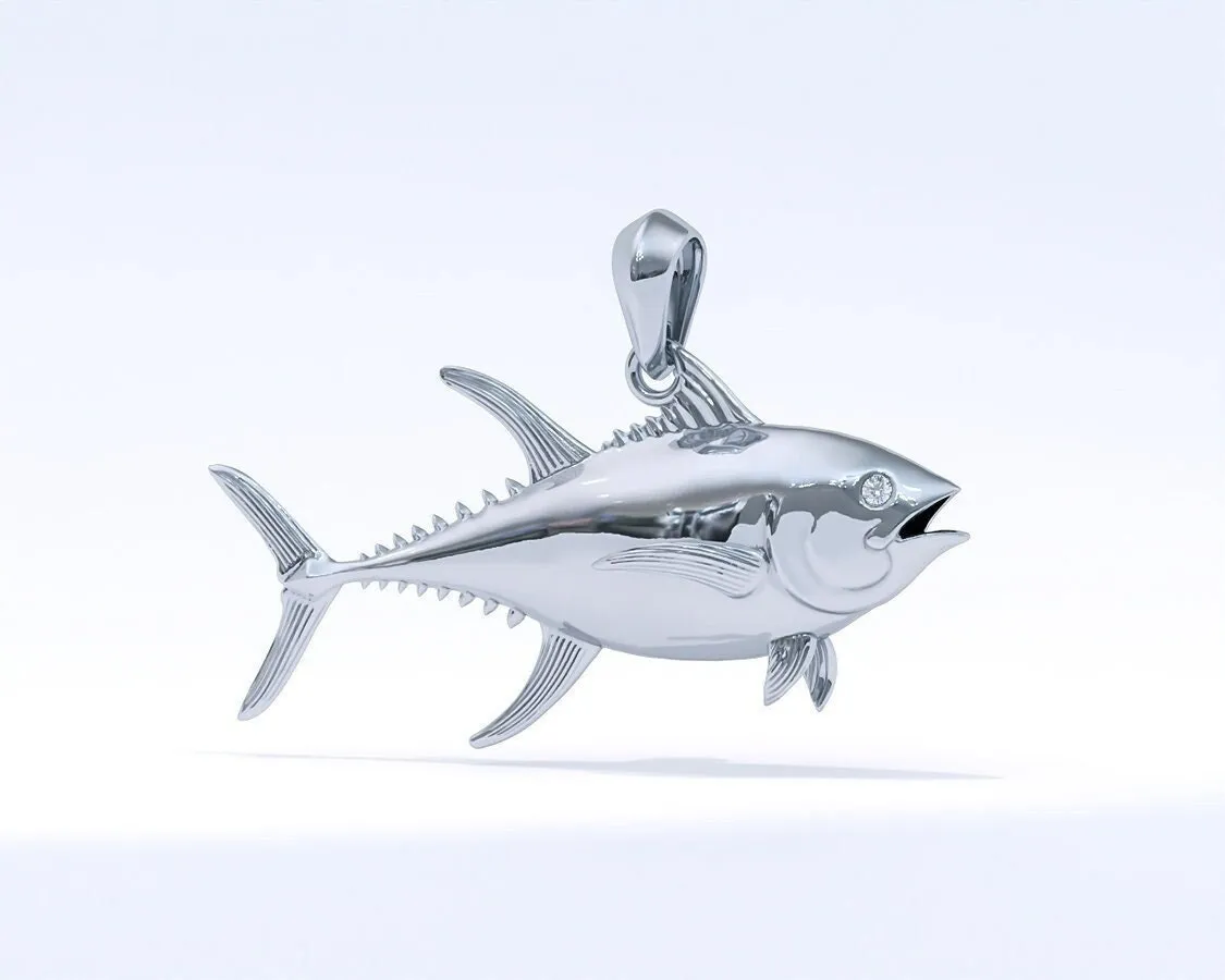 Sterling Silver Yellowfin Tuna Pendant with Genuine Diamond Eyes designed by TinyBling