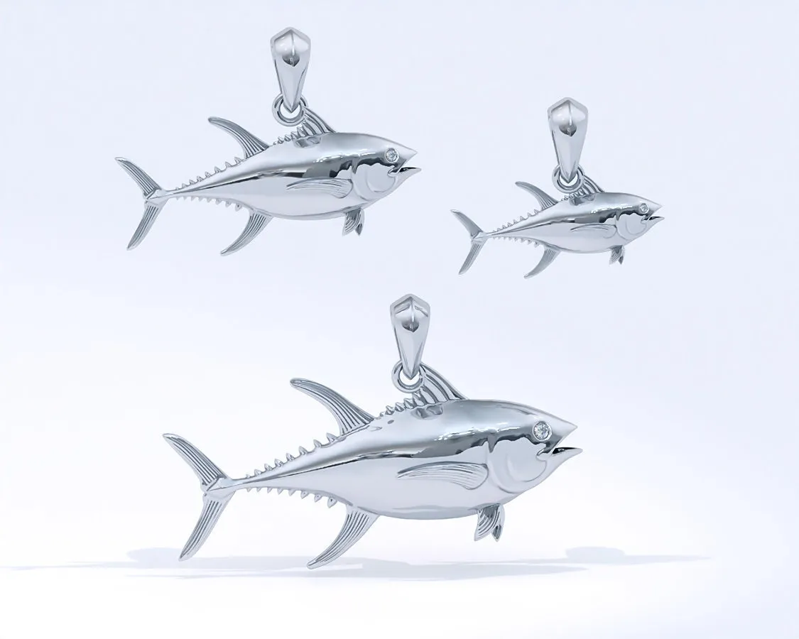 Sterling Silver Yellowfin Tuna Pendant with Genuine Diamond Eyes designed by TinyBling