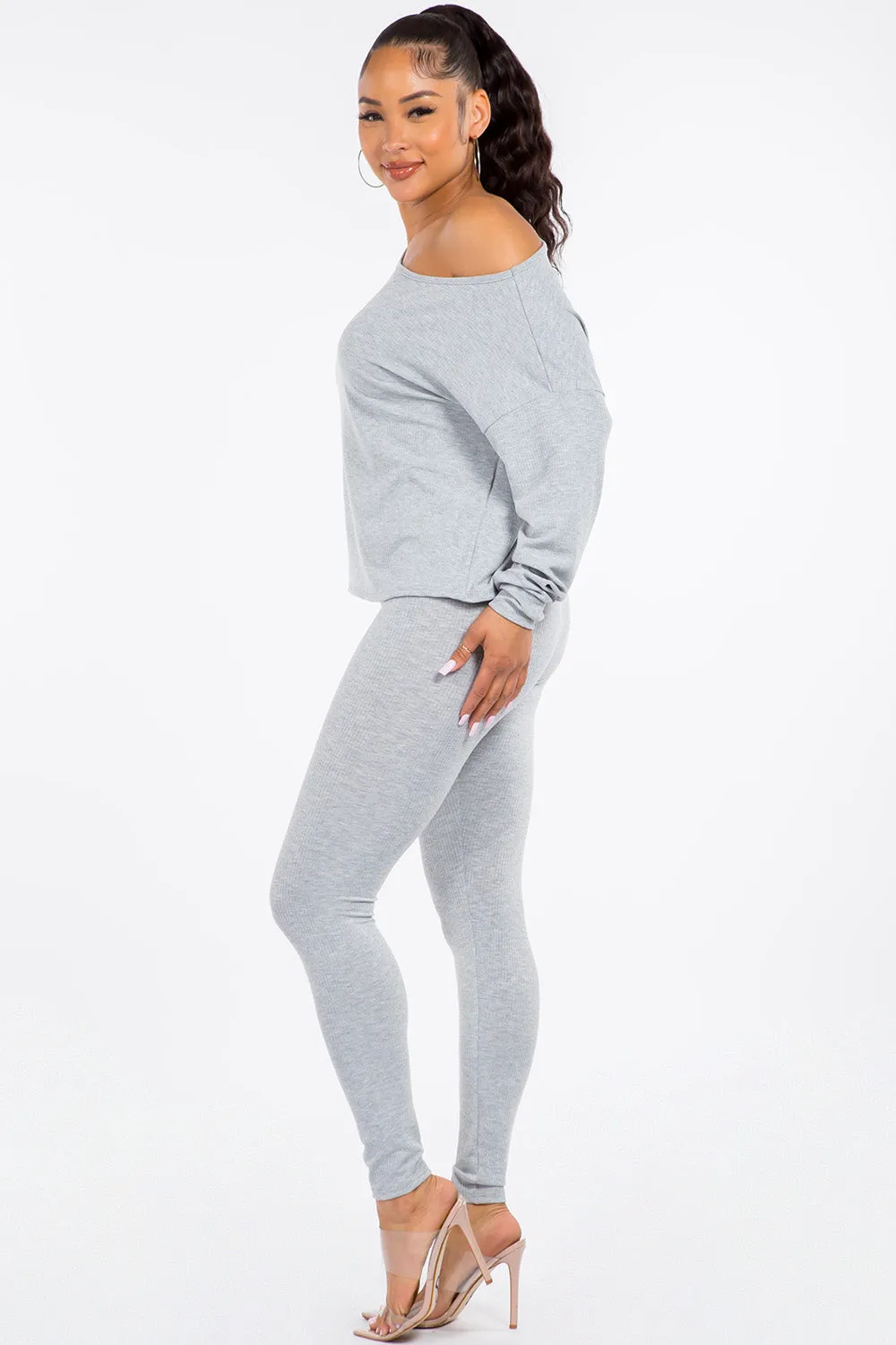Thalia Ribbed Two-Piece Lounge Set - Grey
