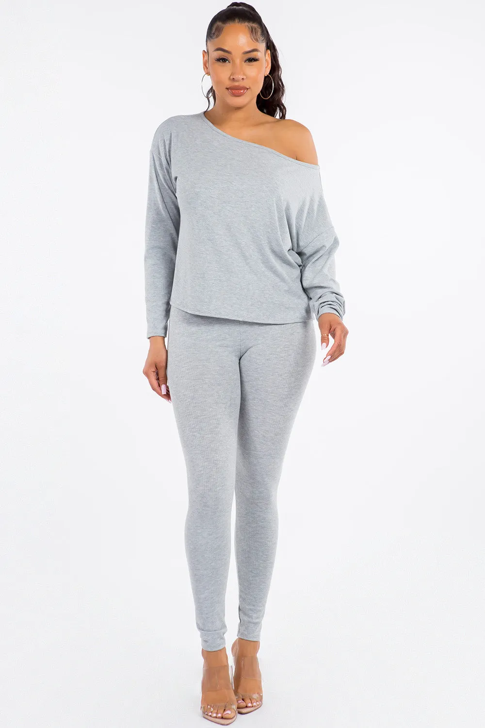 Thalia Ribbed Two-Piece Lounge Set - Grey