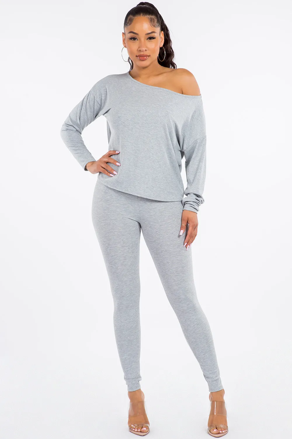 Thalia Ribbed Two-Piece Lounge Set - Grey