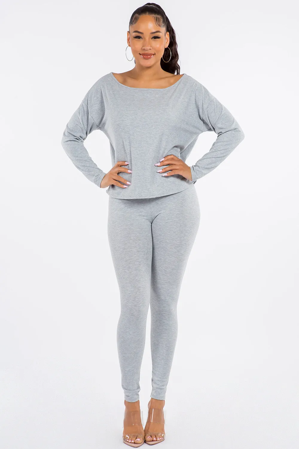 Thalia Ribbed Two-Piece Lounge Set - Grey
