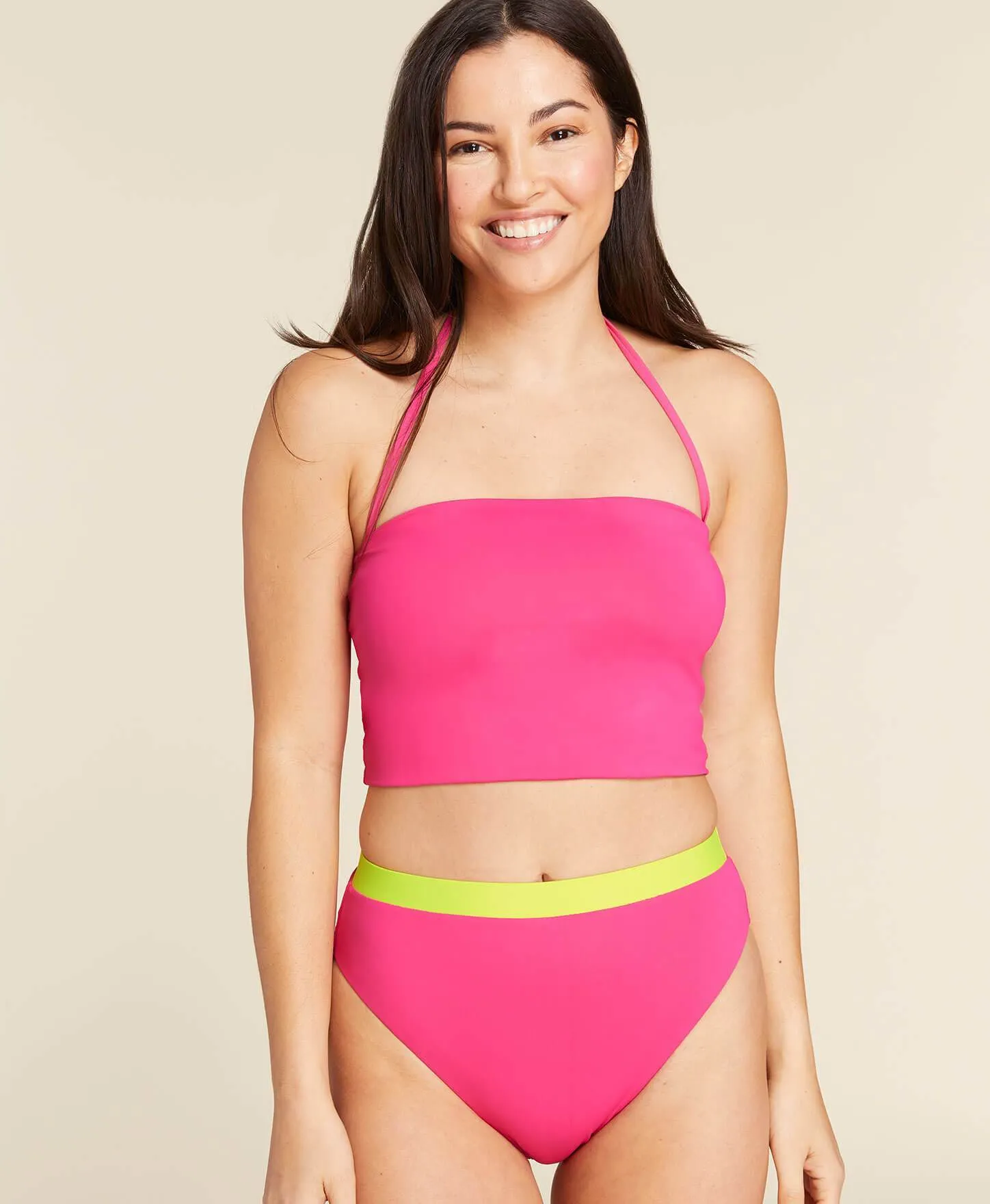 The Archive Banded High Waist Bikini Bottom - Flat - Neon Hibiscus