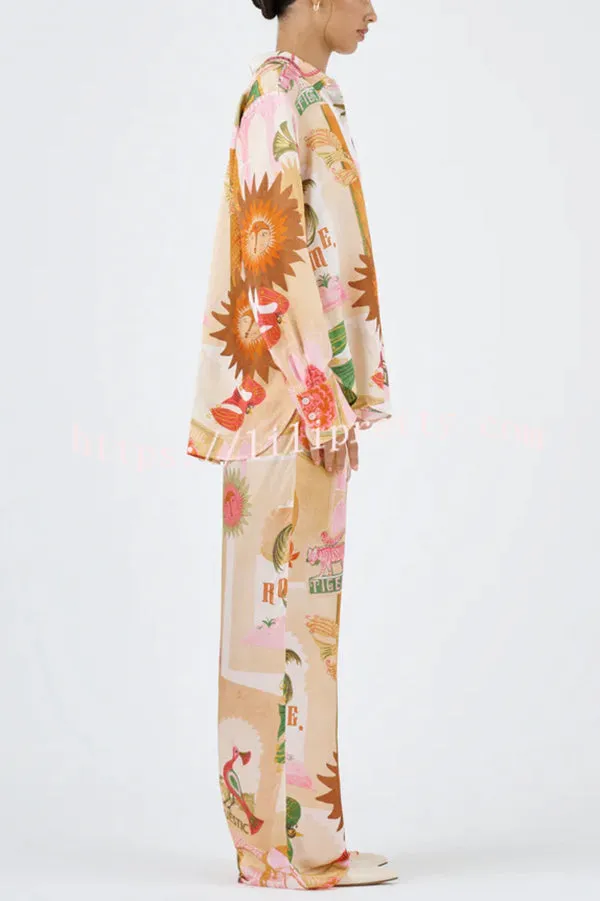 Unique Printed Casual Long Sleeved Shirt Top and Elastic Waist Loose Pants Sets