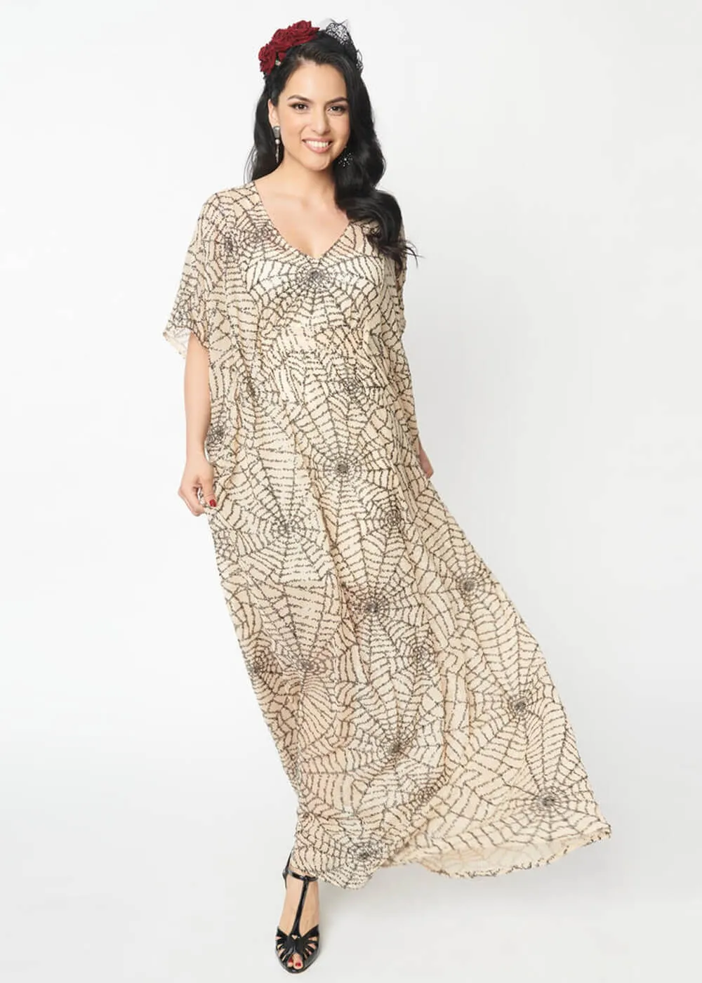 Unique Vintage Burton Spiderweb Sequin 20's Caftan Maxi Dress Nude