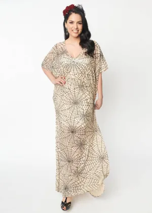 Unique Vintage Burton Spiderweb Sequin 20's Caftan Maxi Dress Nude