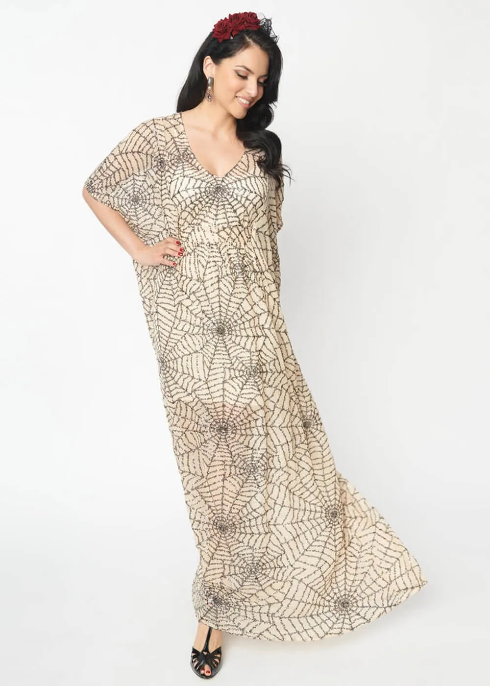 Unique Vintage Burton Spiderweb Sequin 20's Caftan Maxi Dress Nude