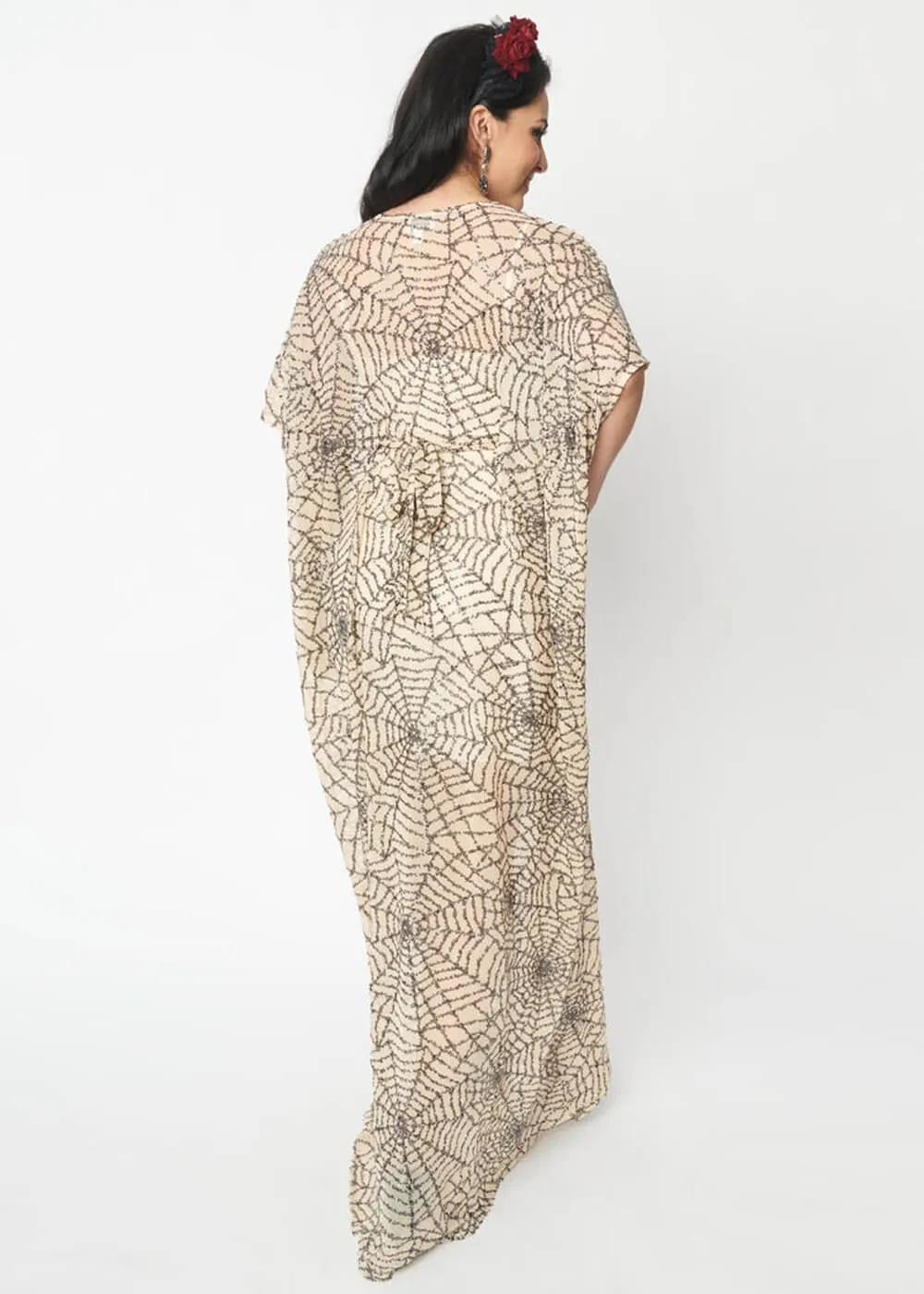 Unique Vintage Burton Spiderweb Sequin 20's Caftan Maxi Dress Nude