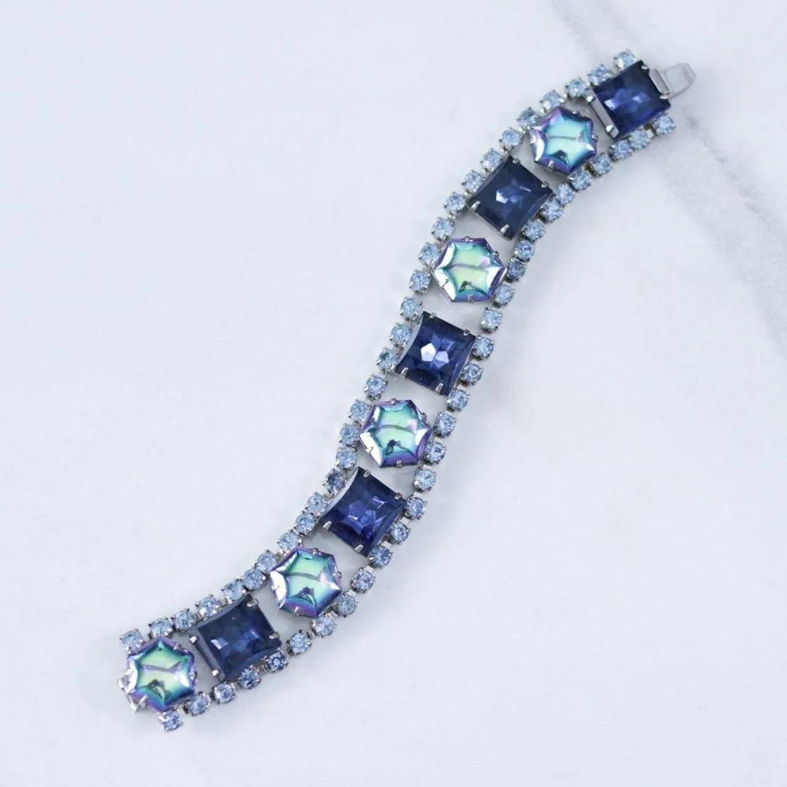 Vintage Sapphire and Iridescent Blue Rhinestone Bracelet