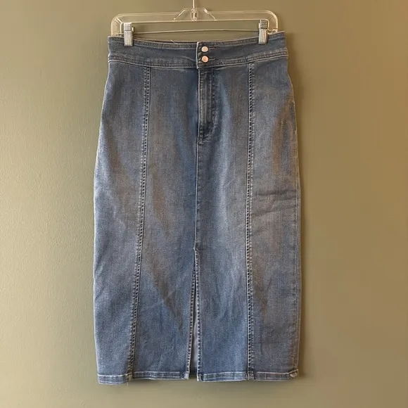 We the Free Free People Maddie Denim Midi Skirt Blue Front Slit Boho Sz 30