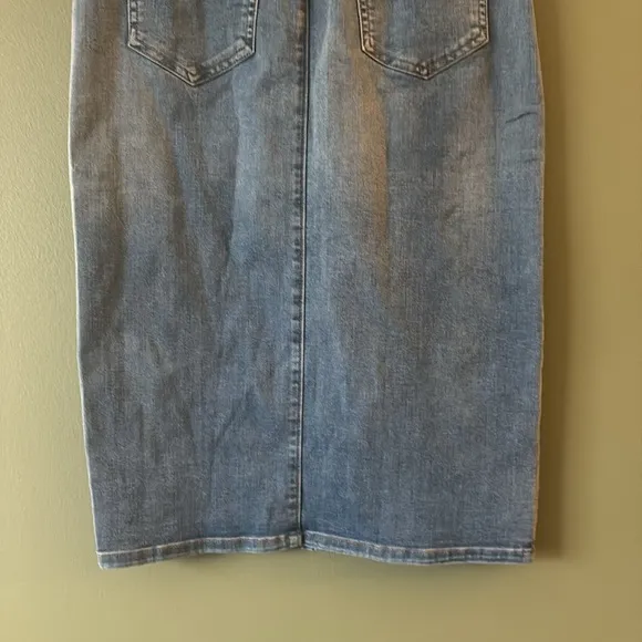 We the Free Free People Maddie Denim Midi Skirt Blue Front Slit Boho Sz 30