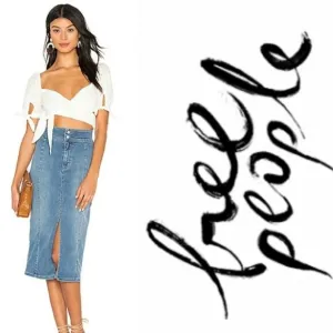 We the Free Free People Maddie Denim Midi Skirt Blue Front Slit Boho Sz 30