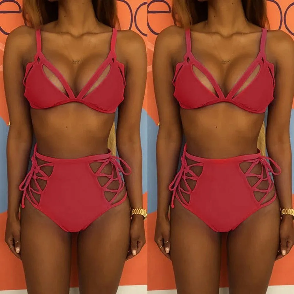 Women High Waist Bandage Bikini Set Push-up Padded Bra Swimsuit Bathing Swimwear