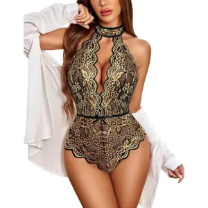 Women's Snap Crotch Lingerie Sexy Lace Bodysuit Deep V Teddy One Piece Babydoll