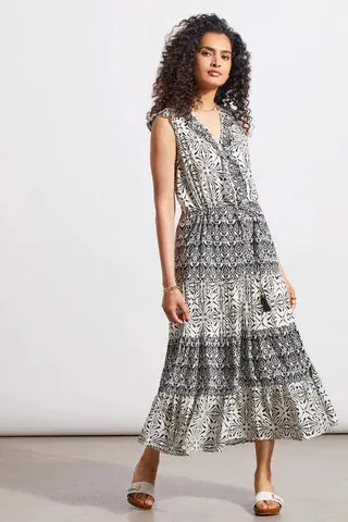 Women's Tribal | Printed V-Neck Dress with Drawcord Waist | Black