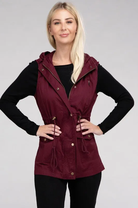 ZENANA Drawstring Waist Military Hoodie Vest