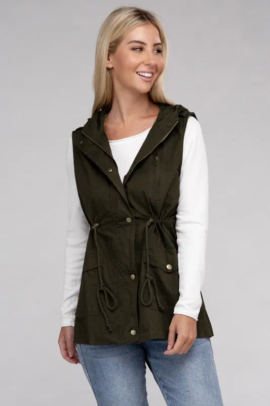 ZENANA Drawstring Waist Military Hoodie Vest