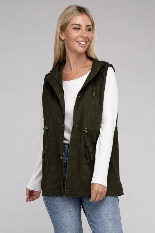 ZENANA Drawstring Waist Military Hoodie Vest
