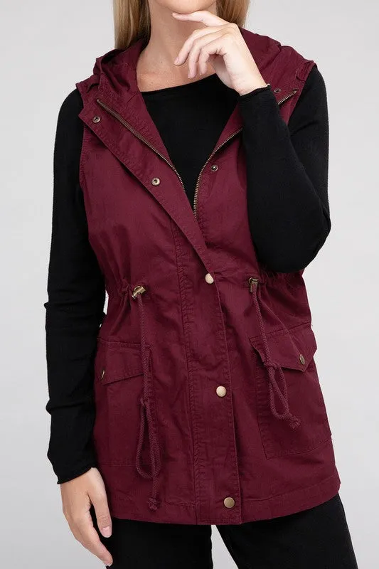 ZENANA Drawstring Waist Military Hoodie Vest